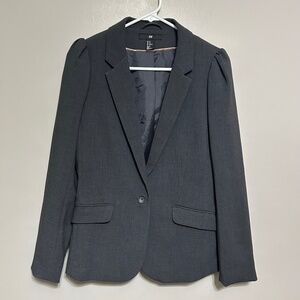 H&M Womens Blazer Gray Size 10 One Button Lined Shoulder Pads Puff Sleeve Jacket